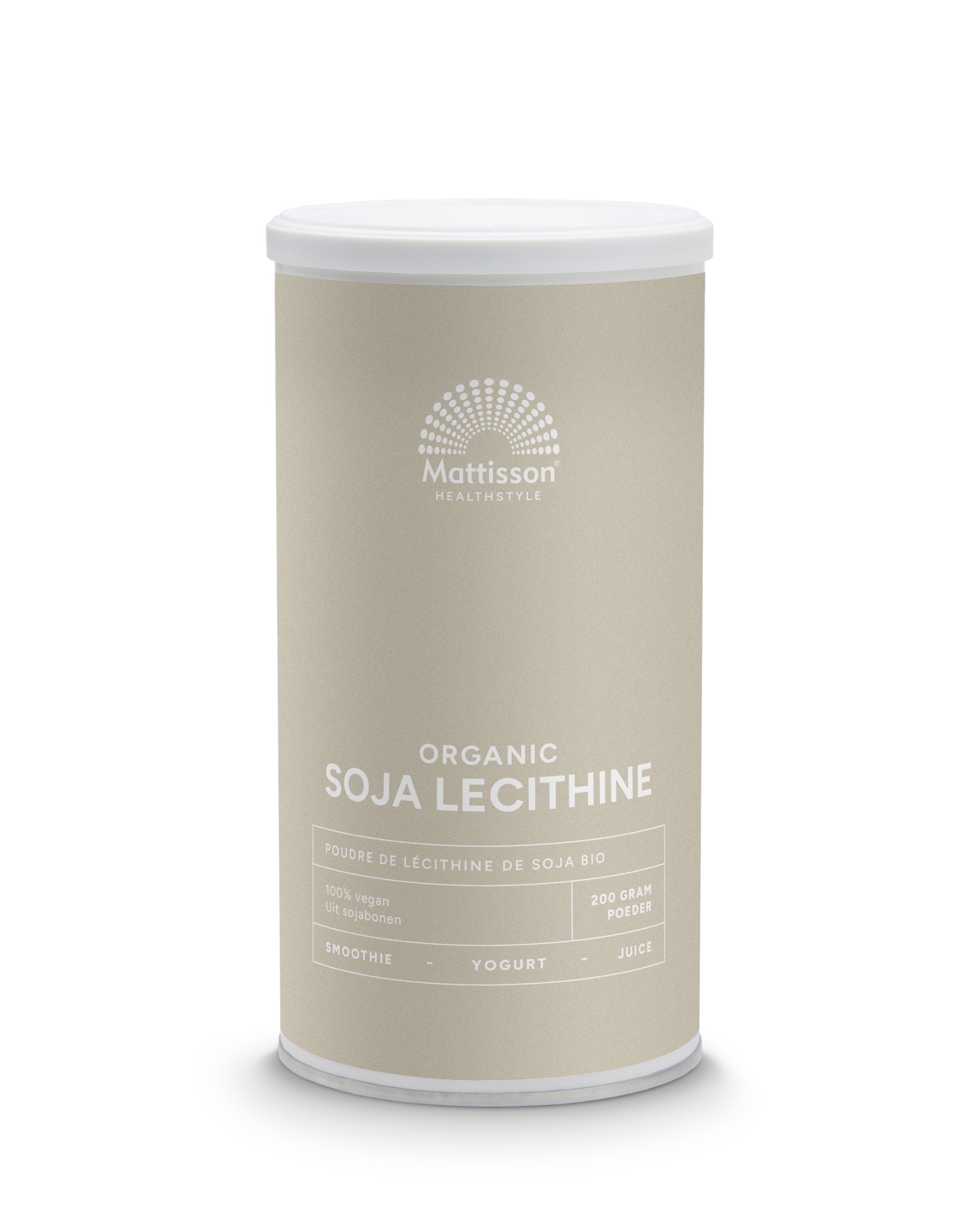 Bio soy lecithine powder by Mattisson in a 200g package, shown in a natural setting with the product label visible.