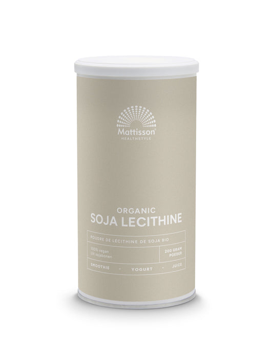 Bio soy lecithine powder by Mattisson in a 200g package, shown in a natural setting with the product label visible.