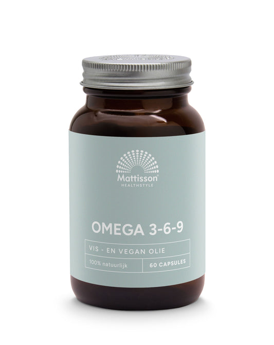Mattisson Omega 3 6 9 vetzuren capsules with evening primrose and linseed, 60 softgel supplement for healthy fatty acids.