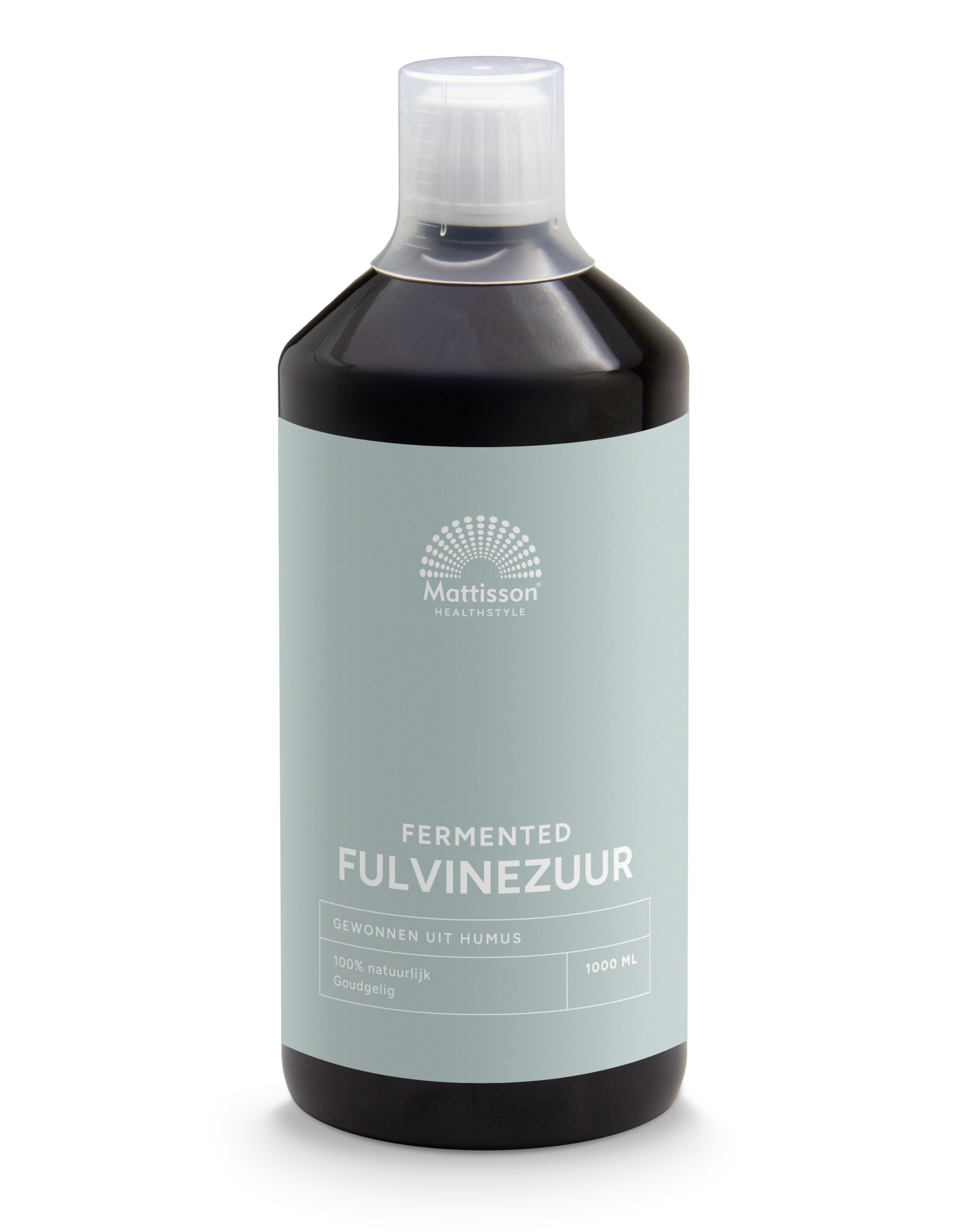 Mattisson fermented fulvic acid in a 1000ml bottle, a natural supplement rich in fulvine acids for health and wellness.