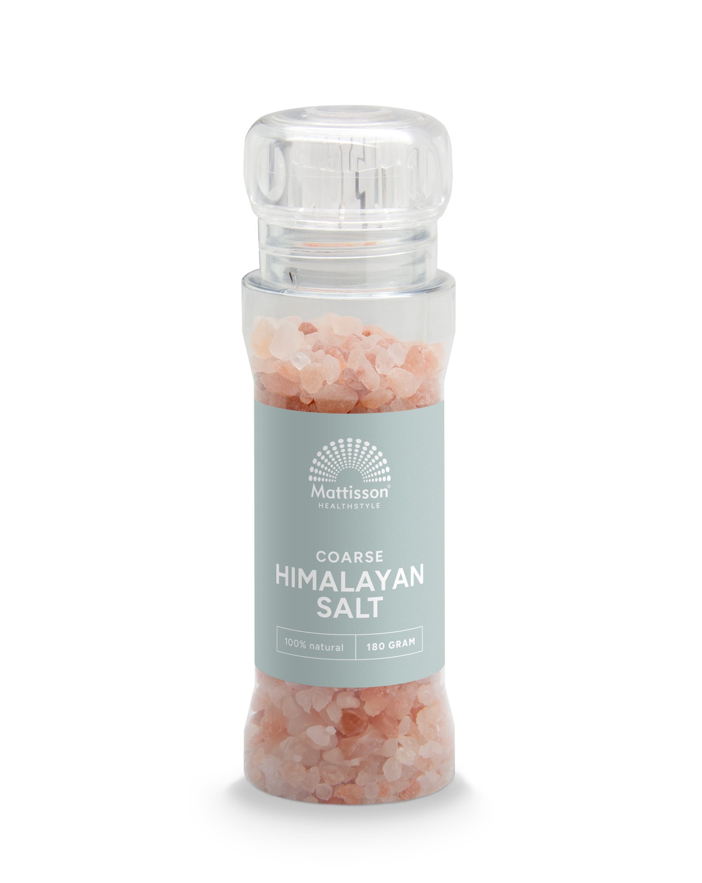 Mattisson Himalaya zout grof gemalen in hervulbare molen, 180 gram, kruiden en zouten product with textured salt crystals