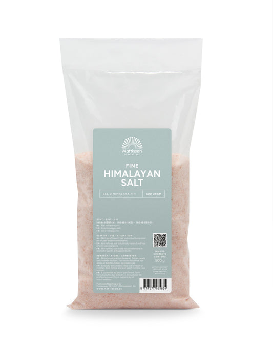 Mattisson Himalayazout fijn refill bag, 500g, Himalayan salt for cooking, natural seasoning, coarse salt in a resealable pack.