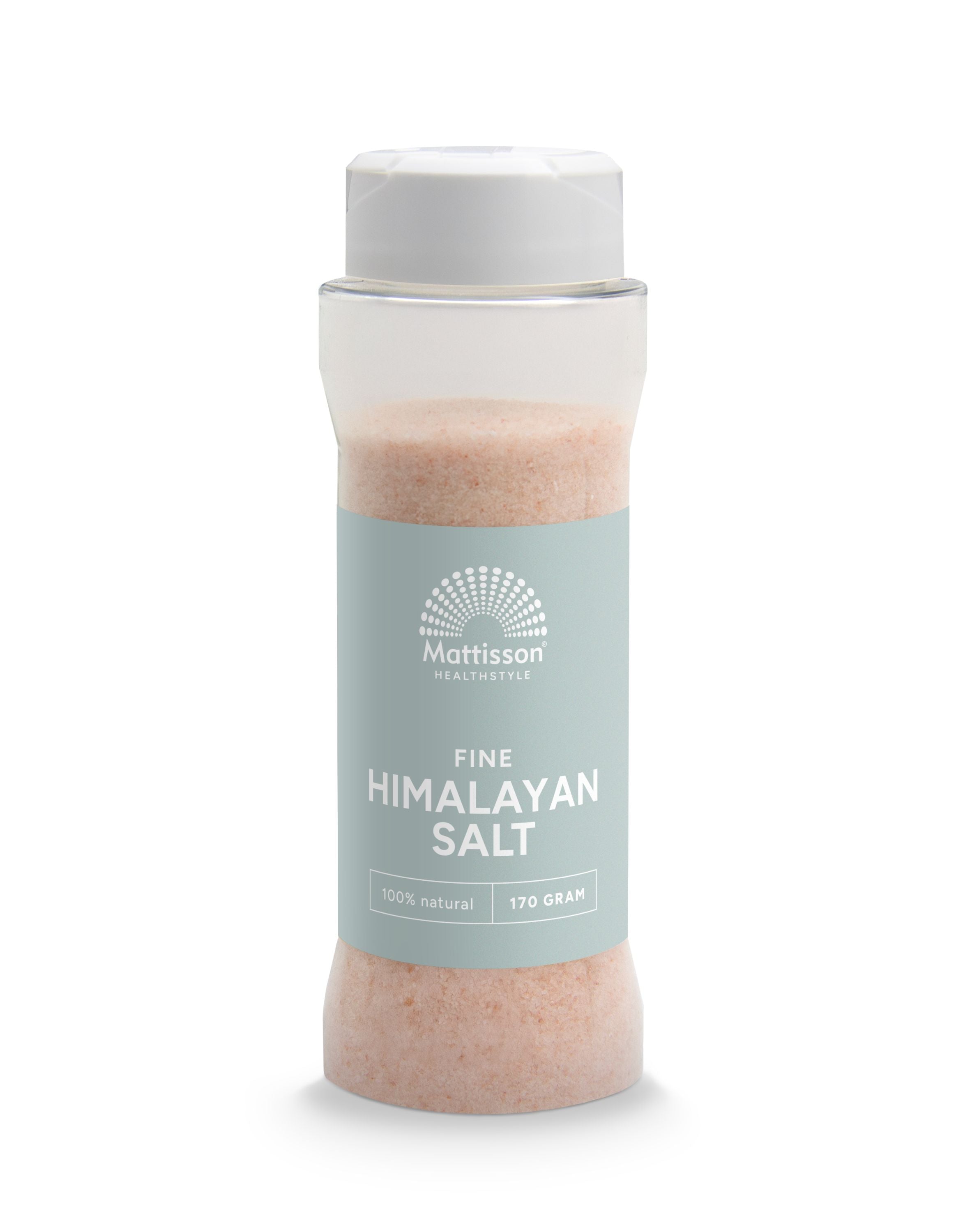 Mattisson Himalaya zout fijn strooibus, 170g, in a clear container, showcasing the pink Himalayan salt grains on a white background.