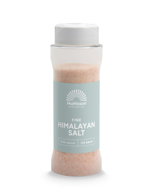 Mattisson Himalaya zout fijn strooibus, 170g, in a clear container, showcasing the pink Himalayan salt grains on a white background.