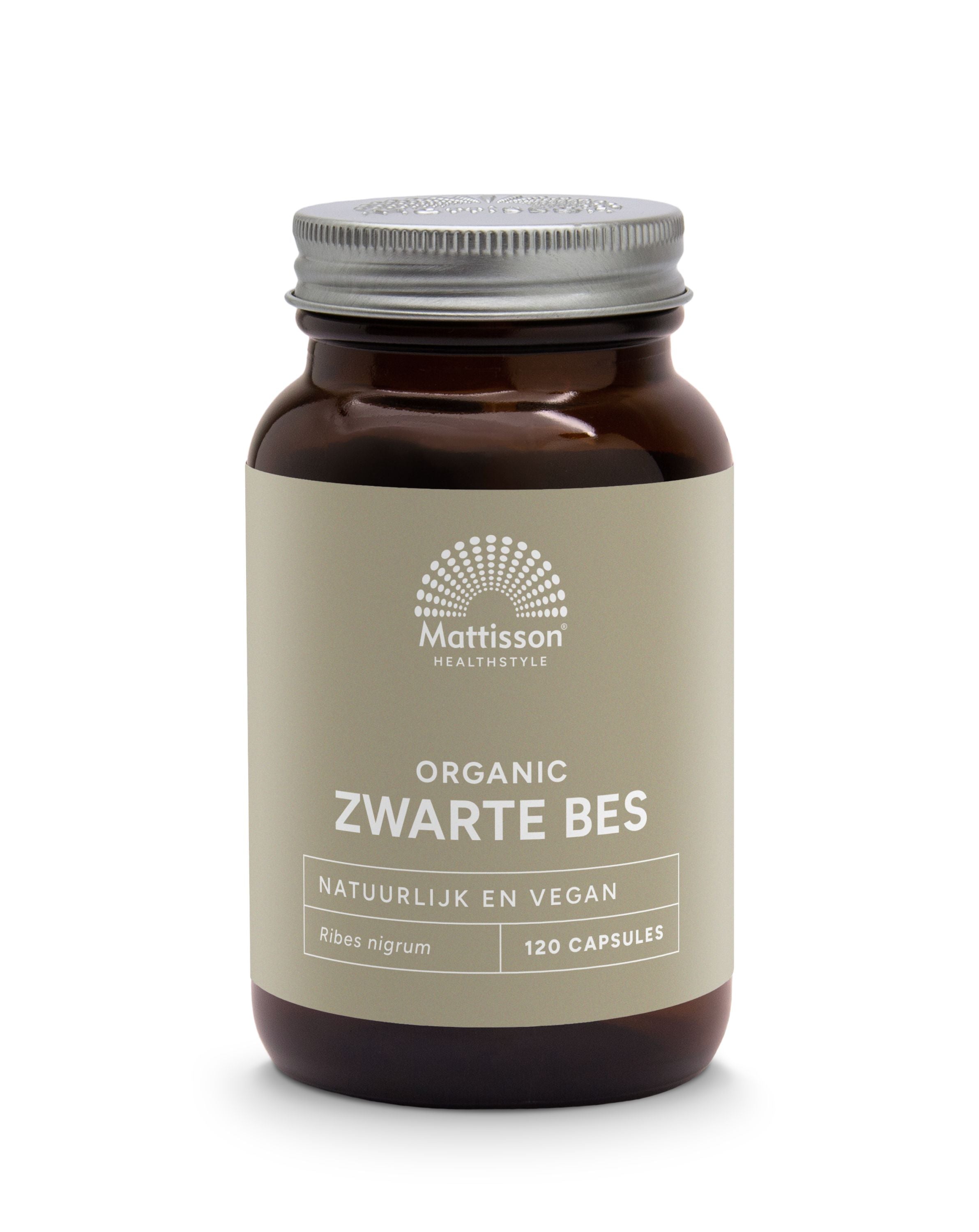 Mattisson Zwarte bes bio vegetarian capsules in a clear bottle, herbal supplement for vegetarians.