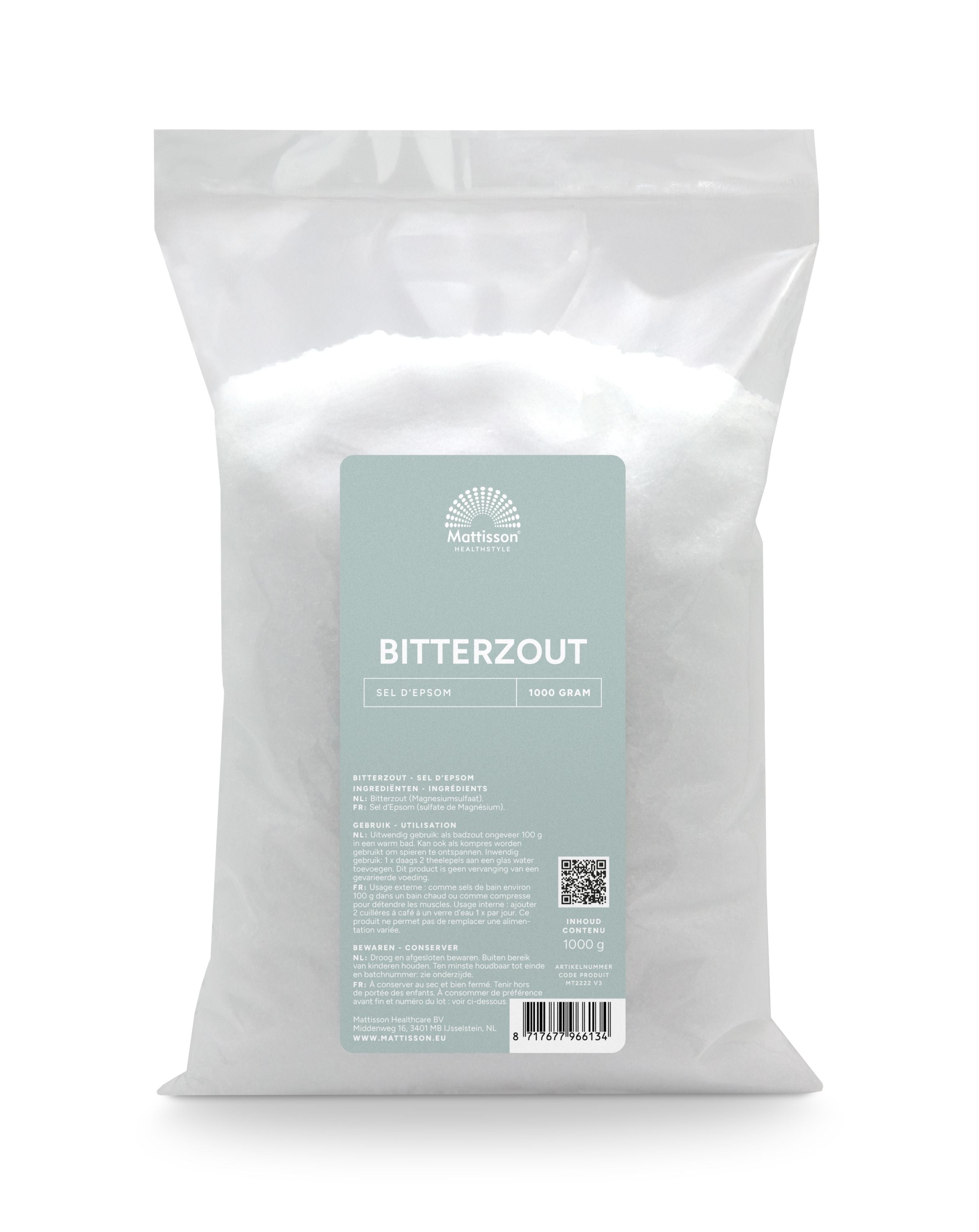 Mattisson Bitterzout Epsom zout magnesiumsulfaat, 1 kg, natural herbal salt for relaxation and bath use.