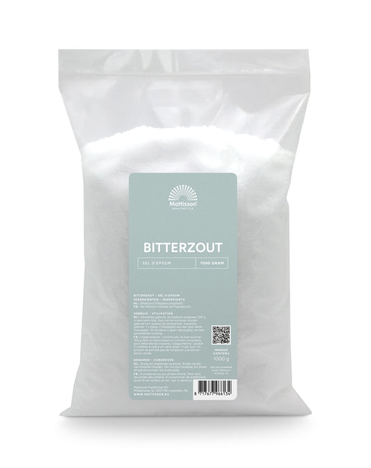 Mattisson Bitterzout Epsom zout magnesiumsulfaat, 1 kg, natural herbal salt for relaxation and bath use.