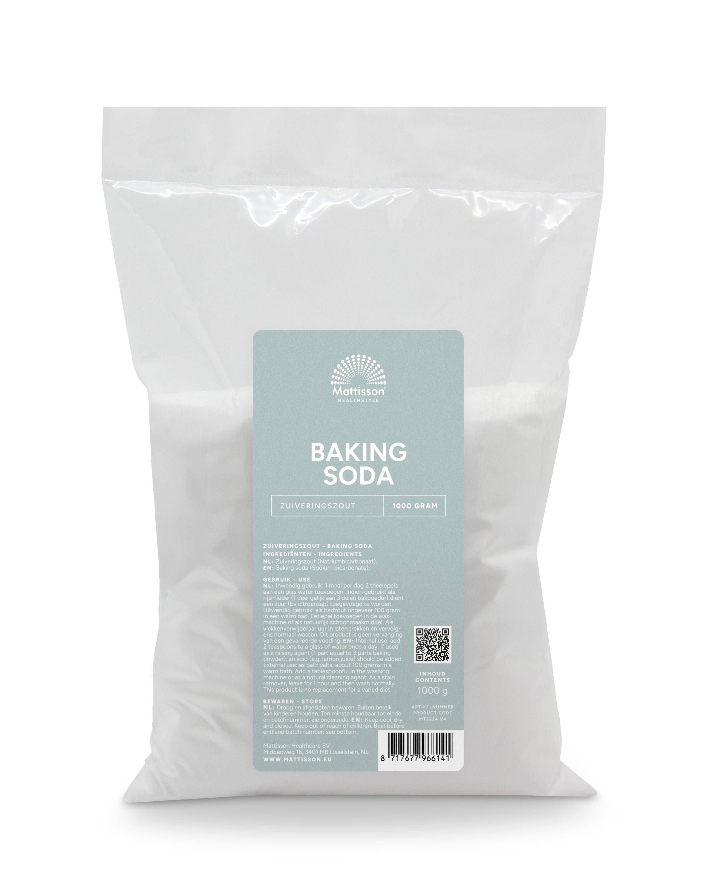 Mattisson mineral baking soda in a 1 kg bag, pure sodium bicarbonate, natural cleaning and baking product from Mineralen Enkel.
