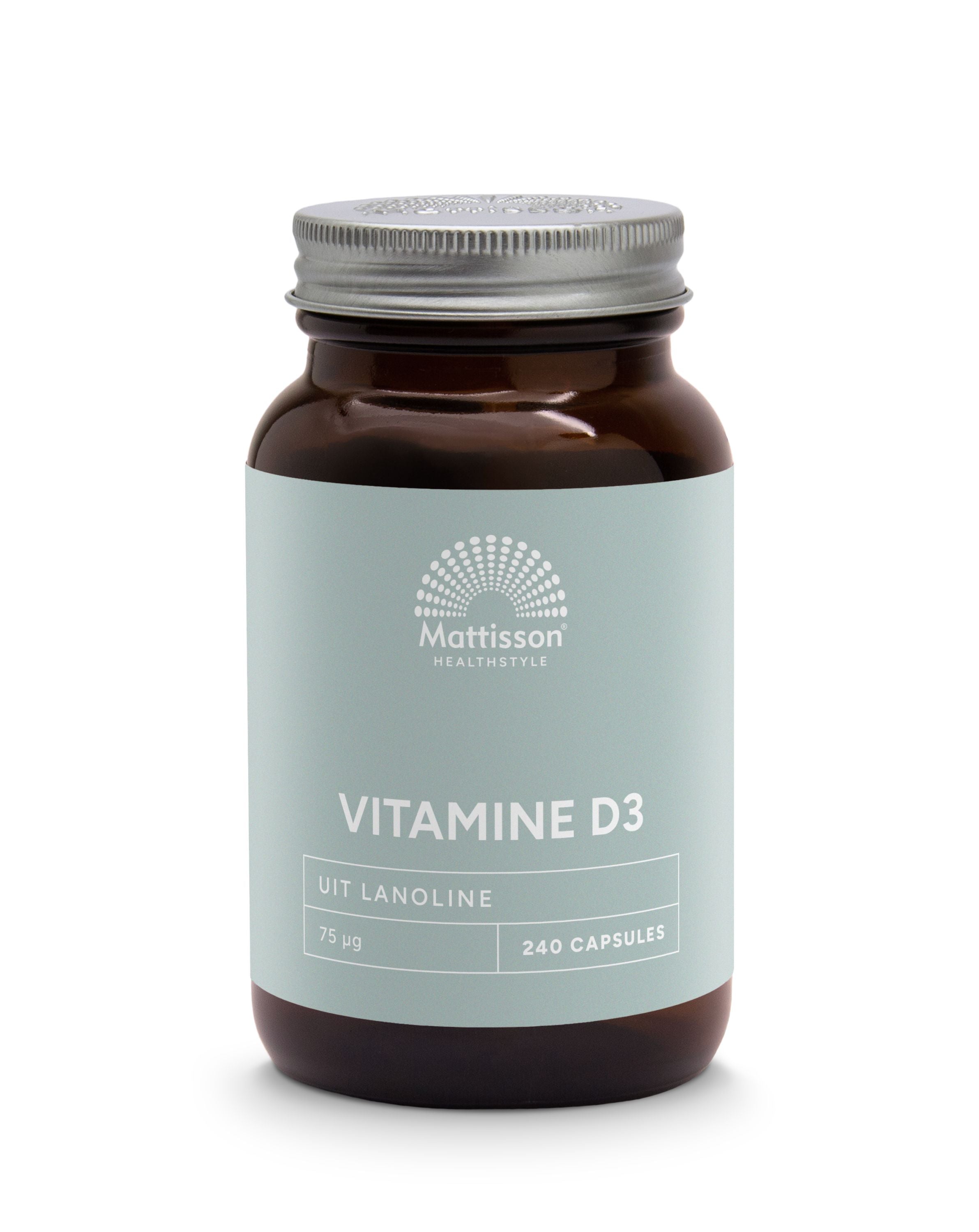 Mattisson Vitamin D3 75mcg (3000IU) supplement bottles with 240 capsules, showing the product label and capsules inside.