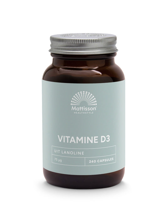 Mattisson Vitamin D3 75mcg (3000IU) supplement bottles with 240 capsules, showing the product label and capsules inside.