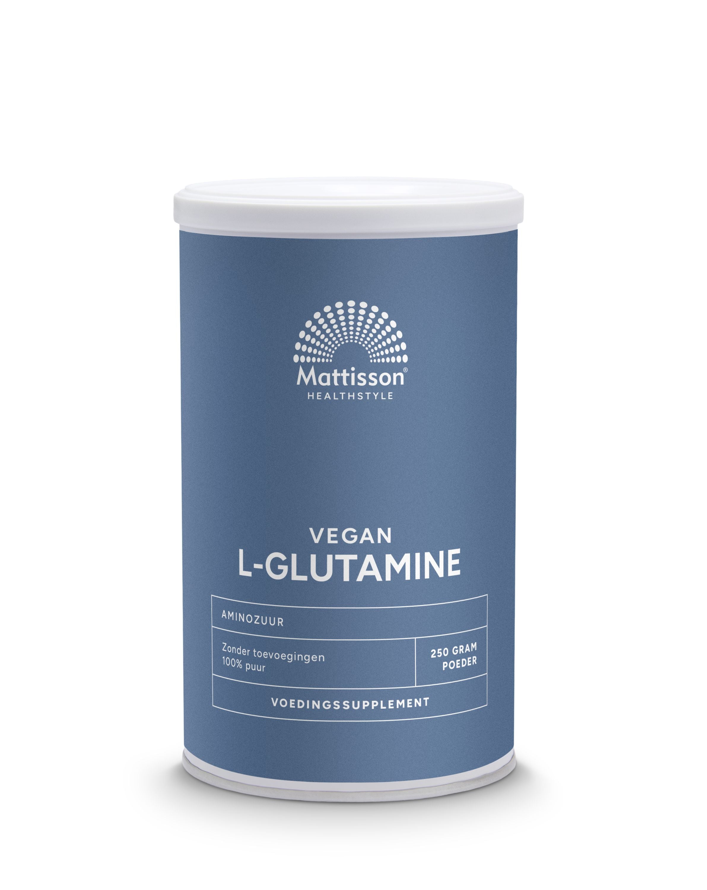 Mattisson L-Glutamine powder in a 250g container, an amino acid supplement for muscle recovery and immune support.