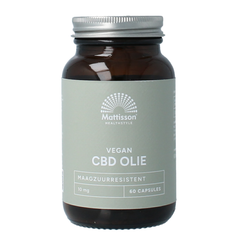 Mattisson CBD olie capsules, 10mg CBD in 60 vegetarian herbal supplement capsules, natural herbal preparation.