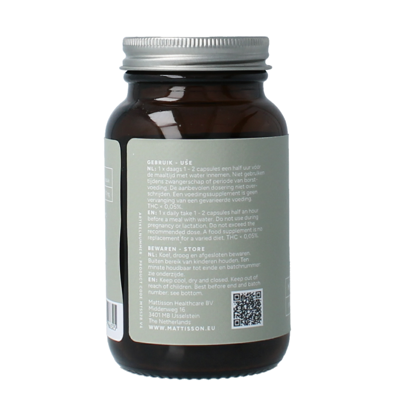 Mattisson CBD olie capsules with 10mg CBD, 60 vegetarian herbal supplement capsules, natural plant-based product.