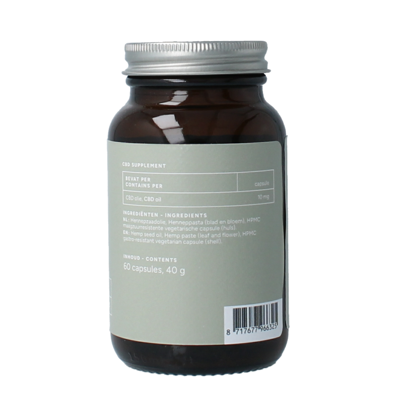Mattisson CBD olie 10mg herbal capsules in vegetarian softgel capsules, labeled with product barcode and packaging.