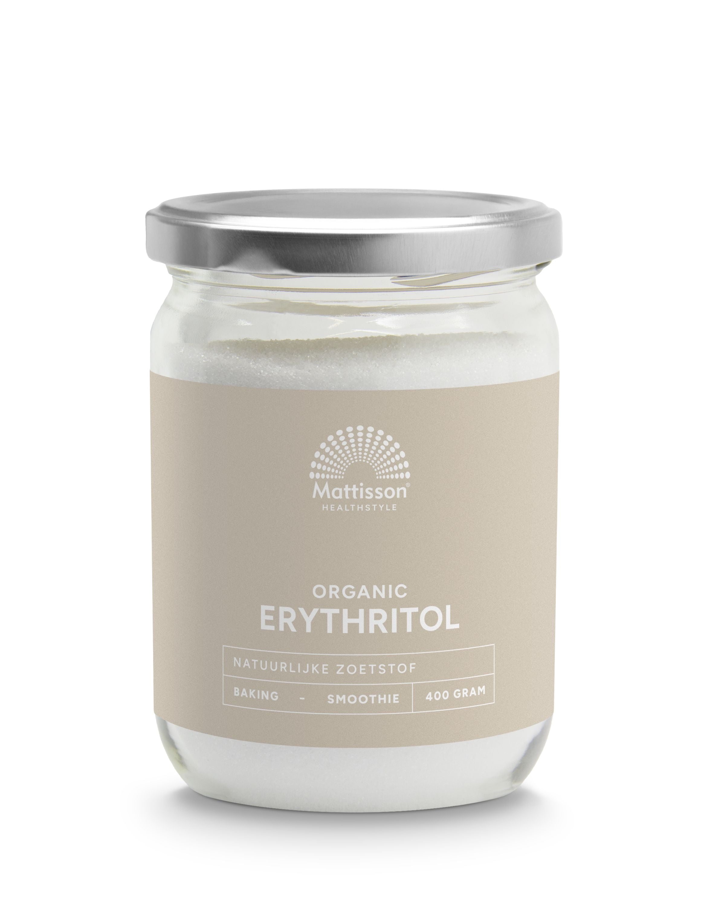 Organic Mattisson Erythritol sweetener in a 400g package, suitable for baking and healthy sugar alternatives.