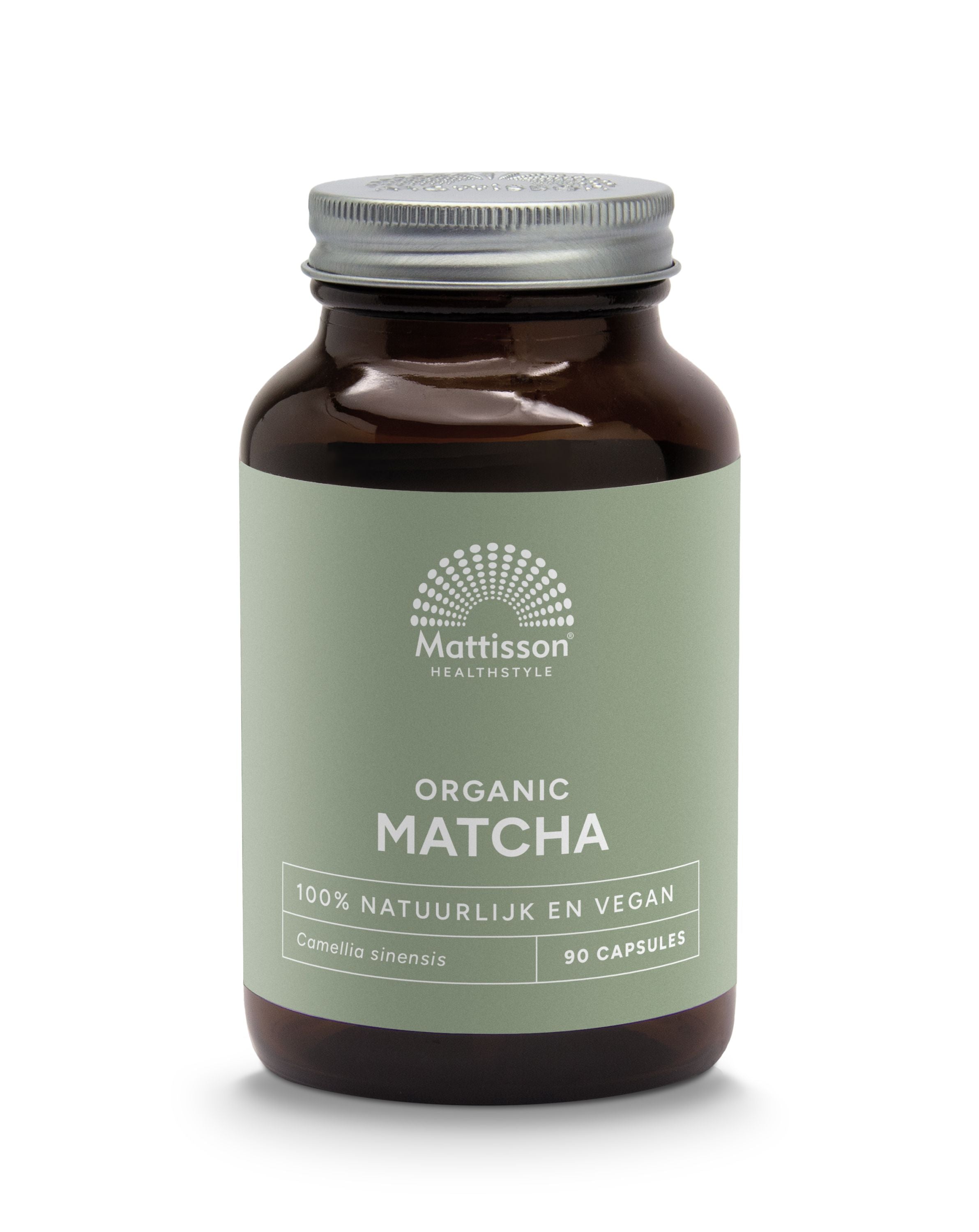Mattisson Matcha 500mg organic Camellia sinensis vegetarian capsules, herbal supplement in a clear bottle with capsules visible inside