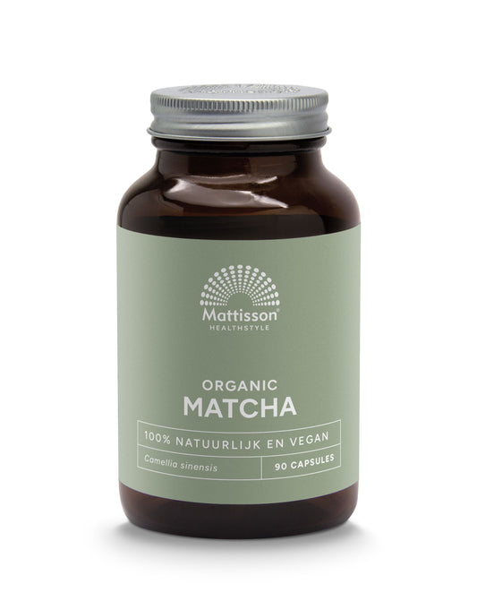 Mattisson Matcha 500mg organic Camellia sinensis vegetarian capsules, herbal supplement in a clear bottle with capsules visible inside