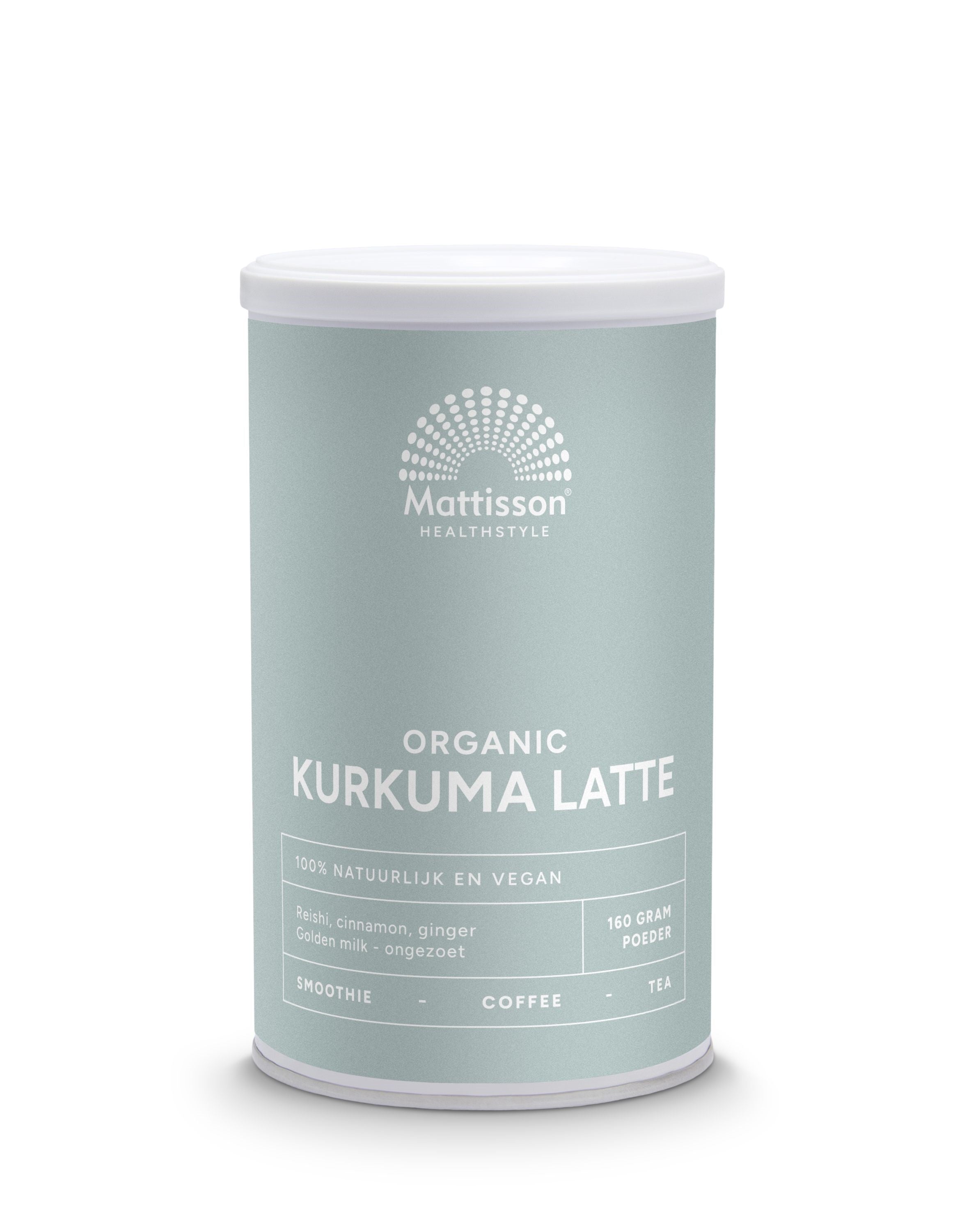 Mattisson latte goldenmilk with turmeric, reishi, Ceylon cinnamon in a 160g package, natural herbal drink and supplement.
