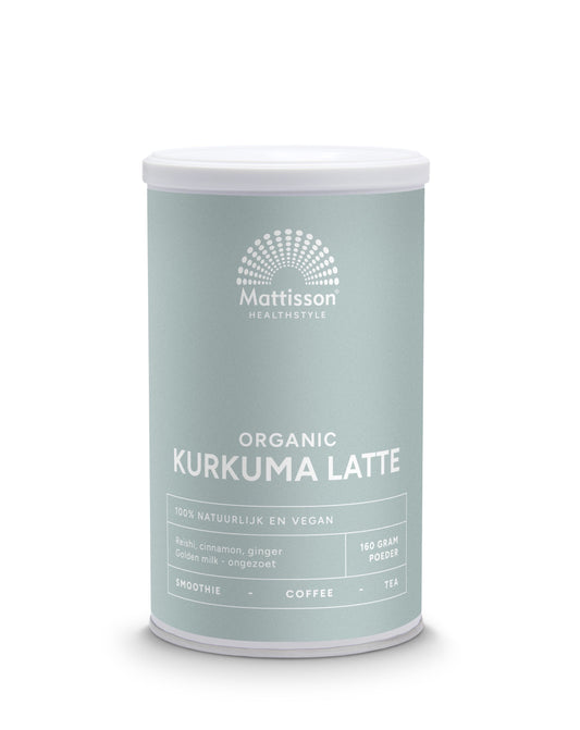 Mattisson latte goldenmilk with turmeric, reishi, Ceylon cinnamon in a 160g package, natural herbal drink and supplement.