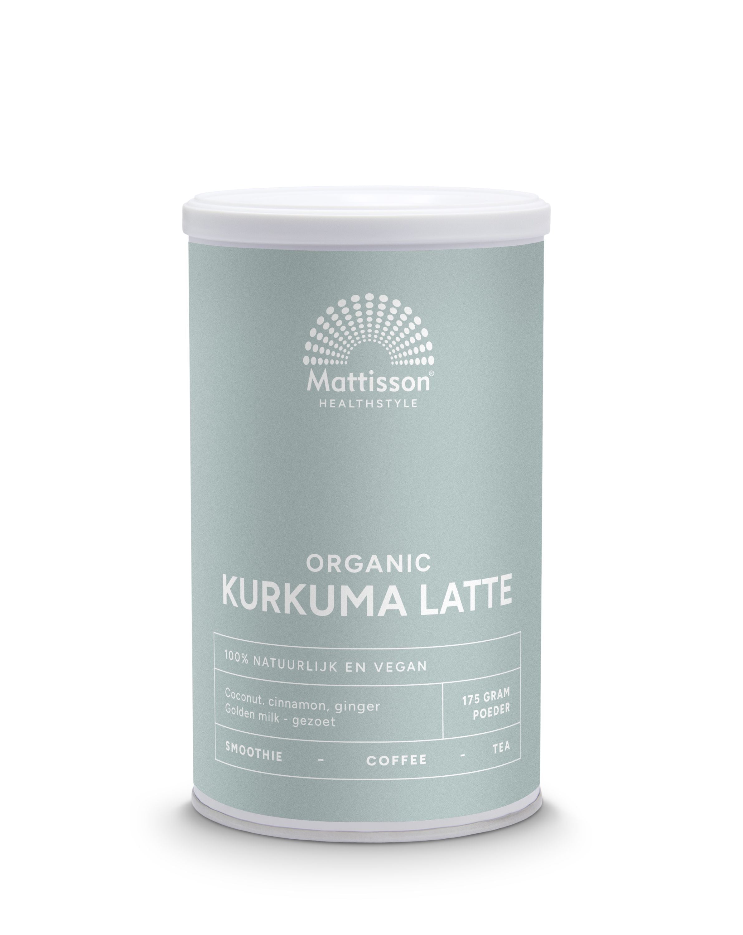 Mattisson Latte Kurkuma Goldenmilk with sweetened cinnamon and organic coconut, 175g, in a colorful package.