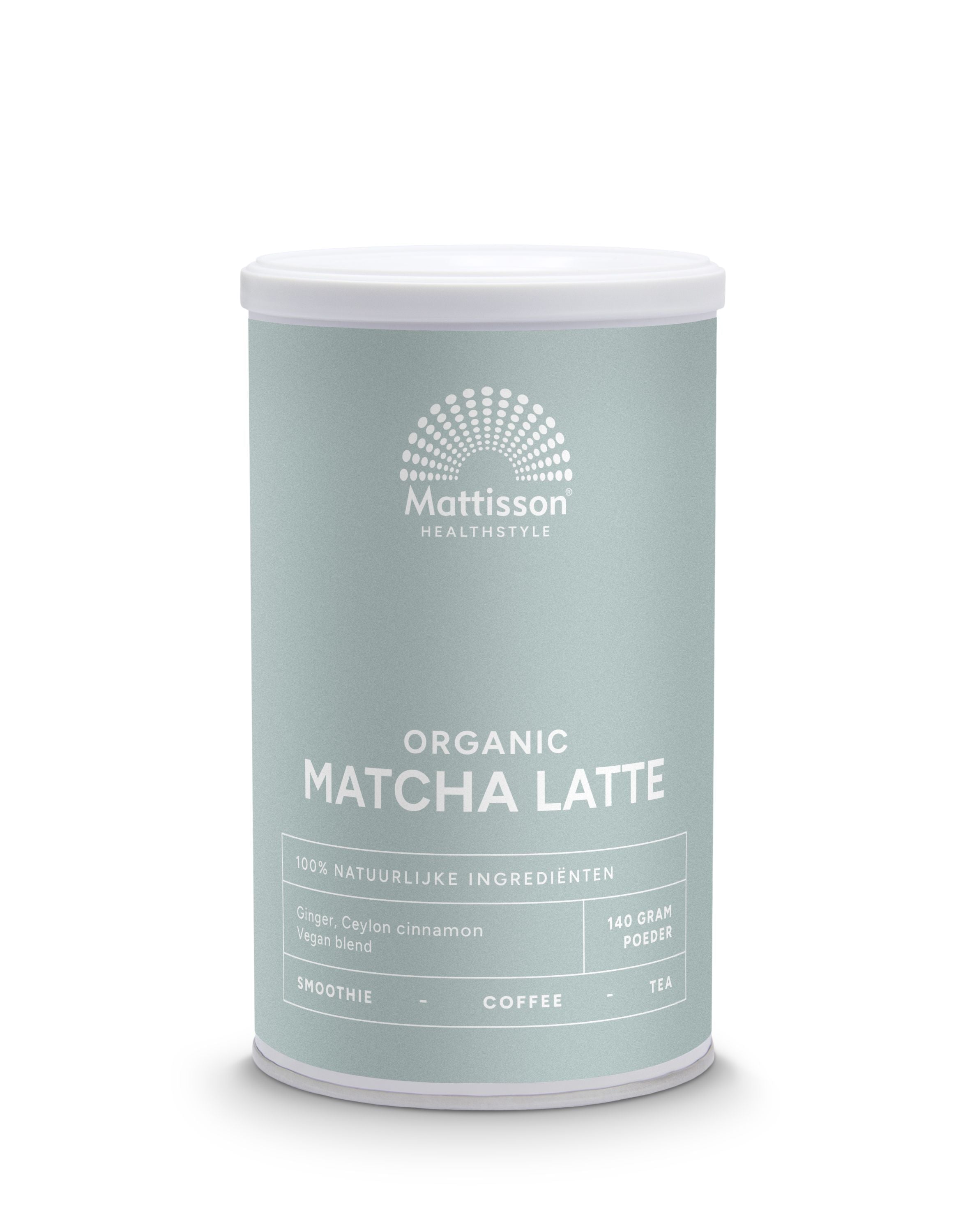 Mattisson Latte Matcha Gember with Ceylon Kaneel in 140g package, organic coffee and tea blend with matcha, ginger, and cinnamon.