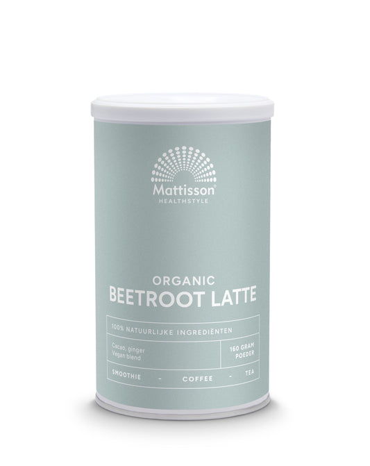 Mattisson Latte beetroot ginger cacao bio drink in a 160g package, showing the beverage with a vibrant beetroot and ginger splash.