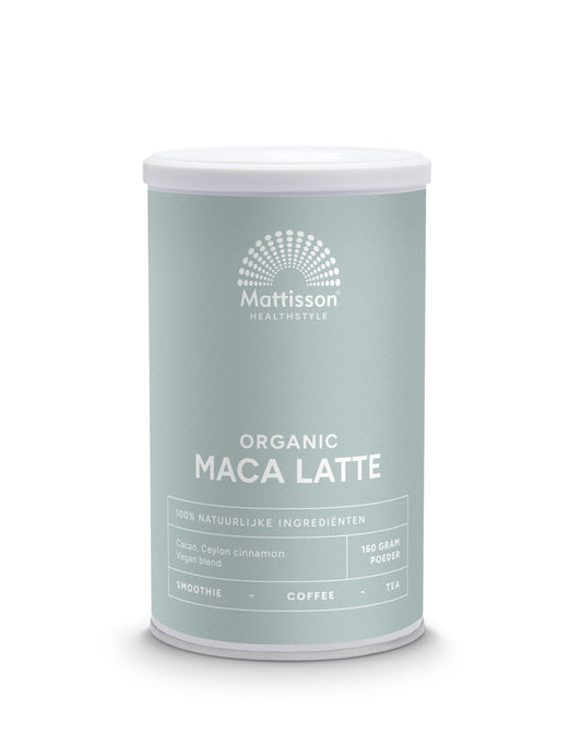Mattisson Latte Maca Cacao with Ceylon Cinnamon in a 160g package, organic drink powder for flavorful beverages.