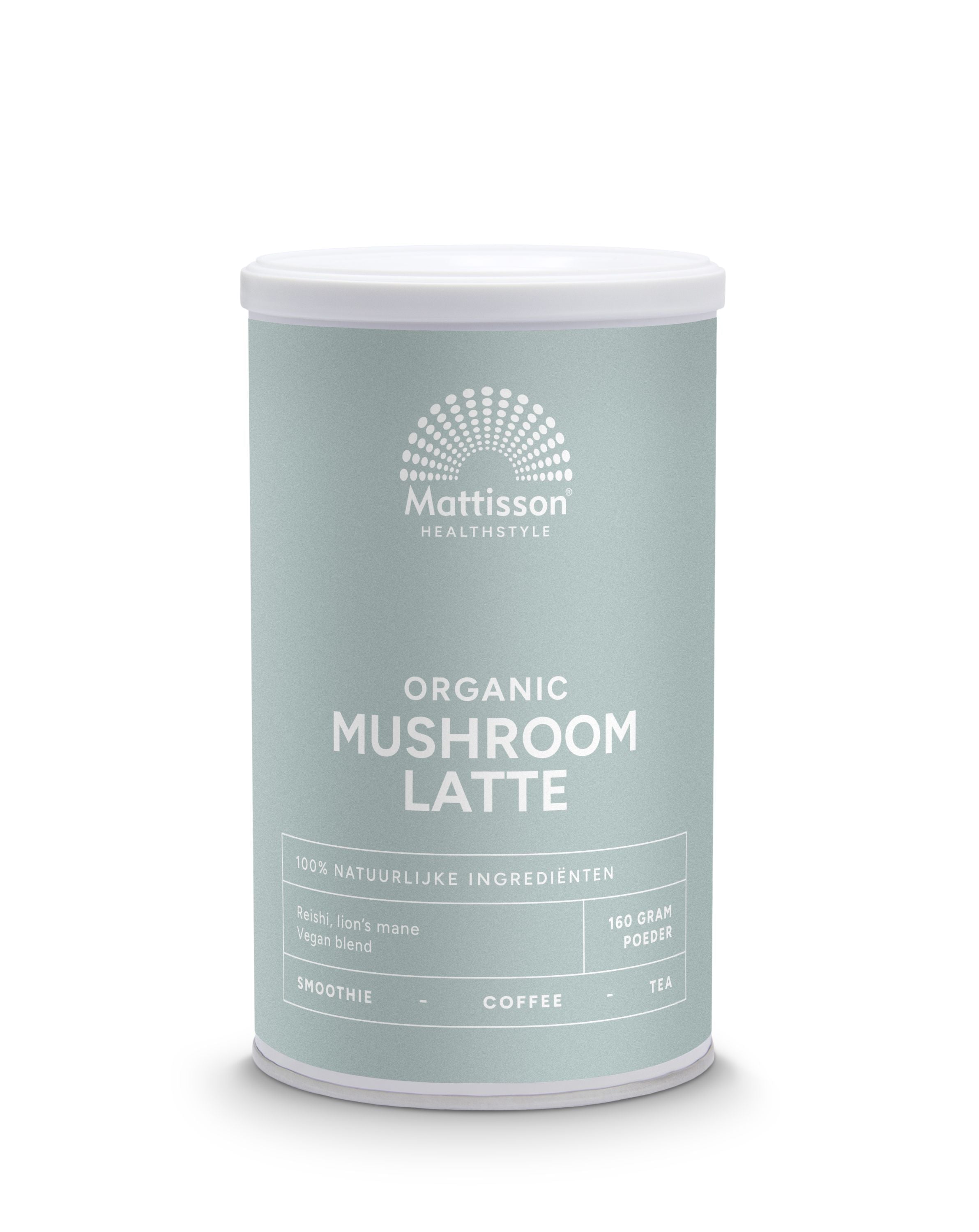 Glass of Mattisson Mushroom Latte Reisi with Lions Mane bio, showcasing creamy mushroom drink in a clear glass.