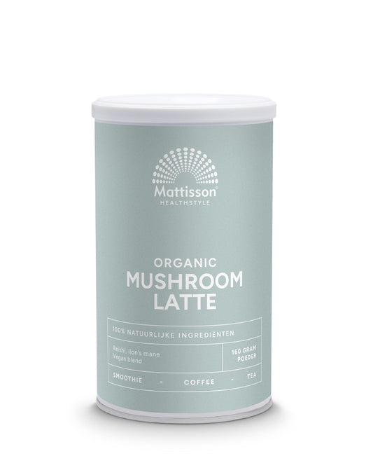 Glass of Mattisson Mushroom Latte Reisi with Lions Mane bio, showcasing creamy mushroom drink in a clear glass.