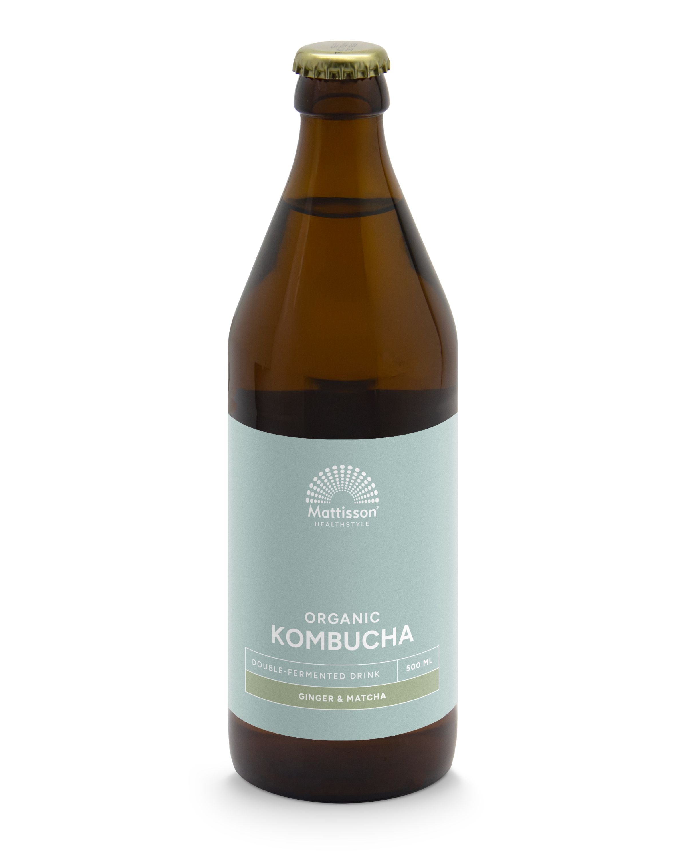 Bottle of Mattisson Ginger & Matcha Kombucha, double fermented bio drink in 500ml glass bottle with label.