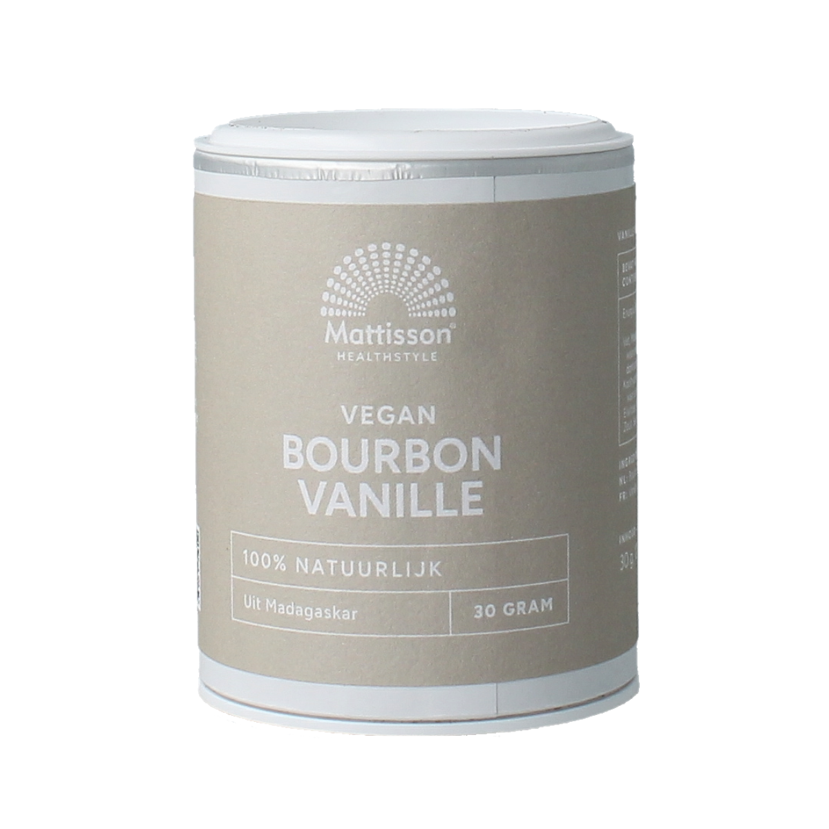 Mattisson Bourbon vanilla powder in 30g container, a flavoring for sauces and seasonings, with the product barcode visible.