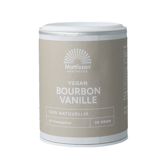 Mattisson Bourbon vanilla powder in 30g container, a flavoring for sauces and seasonings, with the product barcode visible.