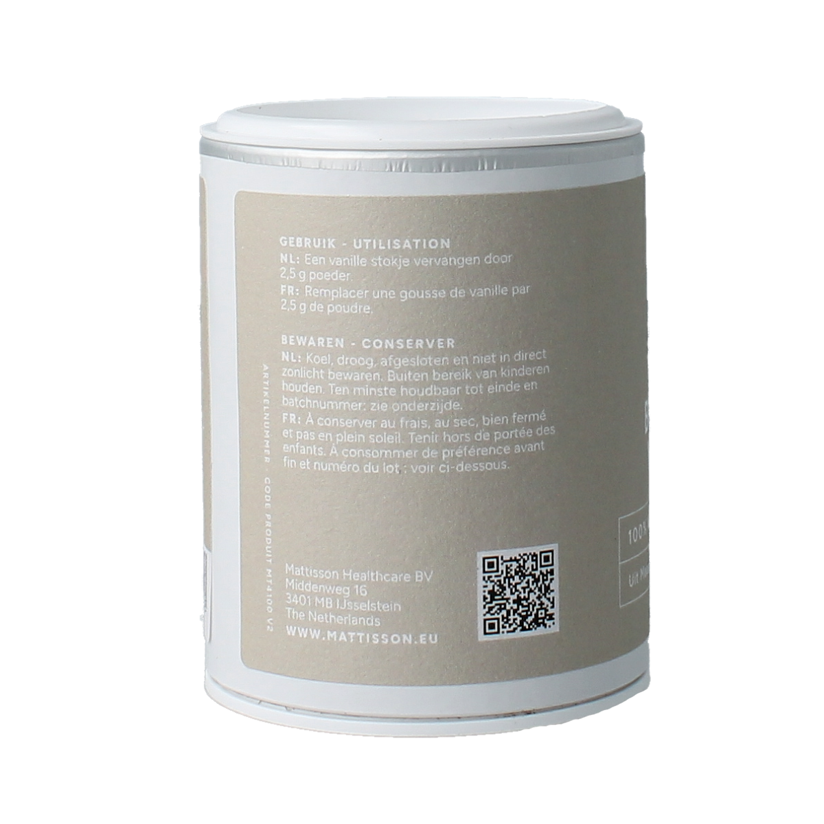 Mattisson Bourbon vanilla powder in 30g jar, a flavoring ingredient for sauces and culinary creations.