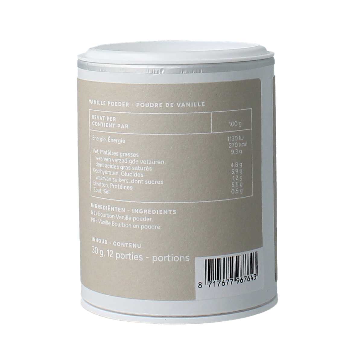 Mattisson Bourbon vanilla powder in a 30g container, used as a flavoring in sauces and culinary preparations.