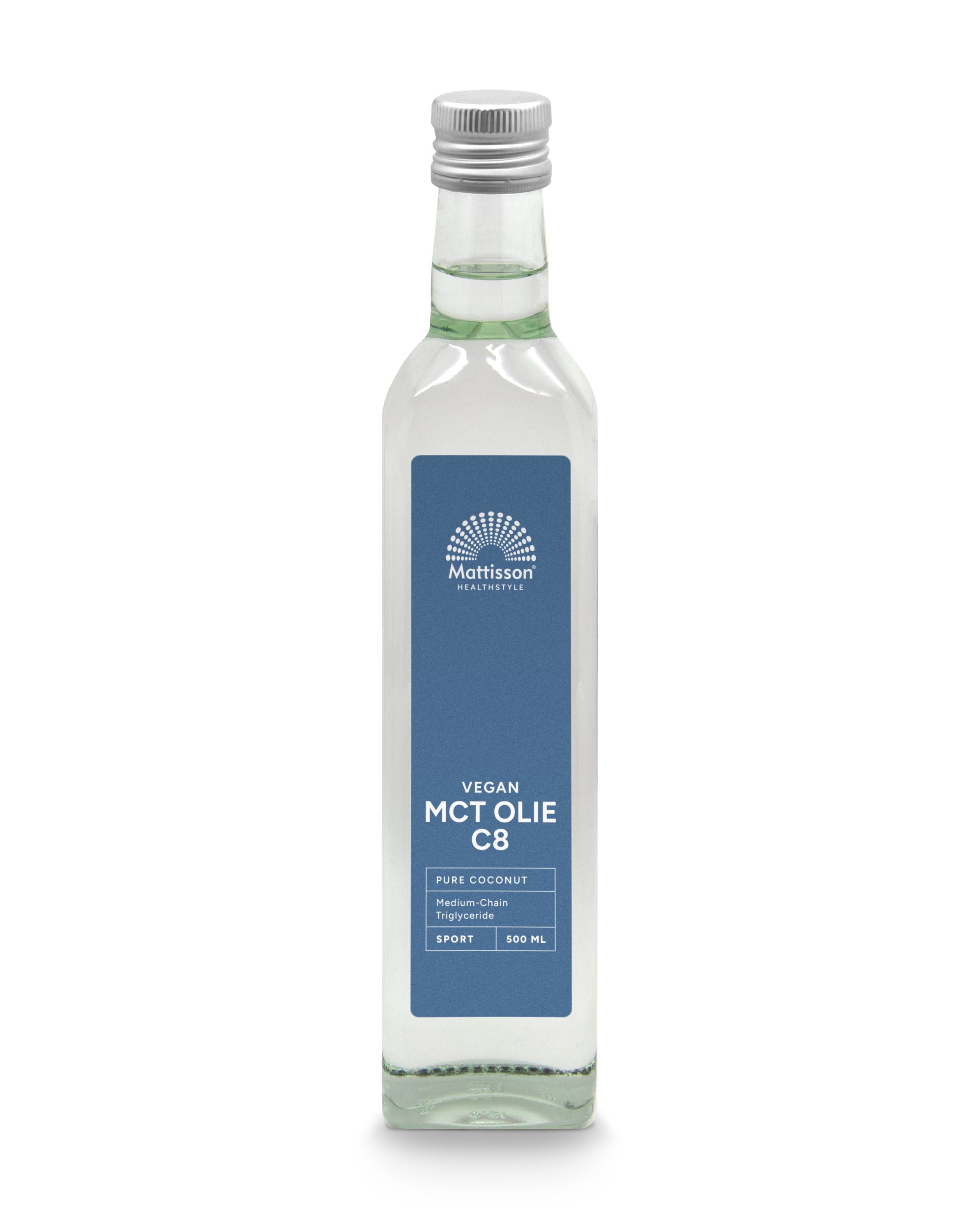 Mattisson MCT olie C8, pure coconut oil with 99% caprylic acid, 500ml bottle, natural health supplement.