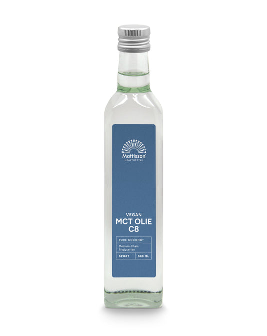 Mattisson MCT olie C8, pure coconut oil with 99% caprylic acid, 500ml bottle, natural health supplement.