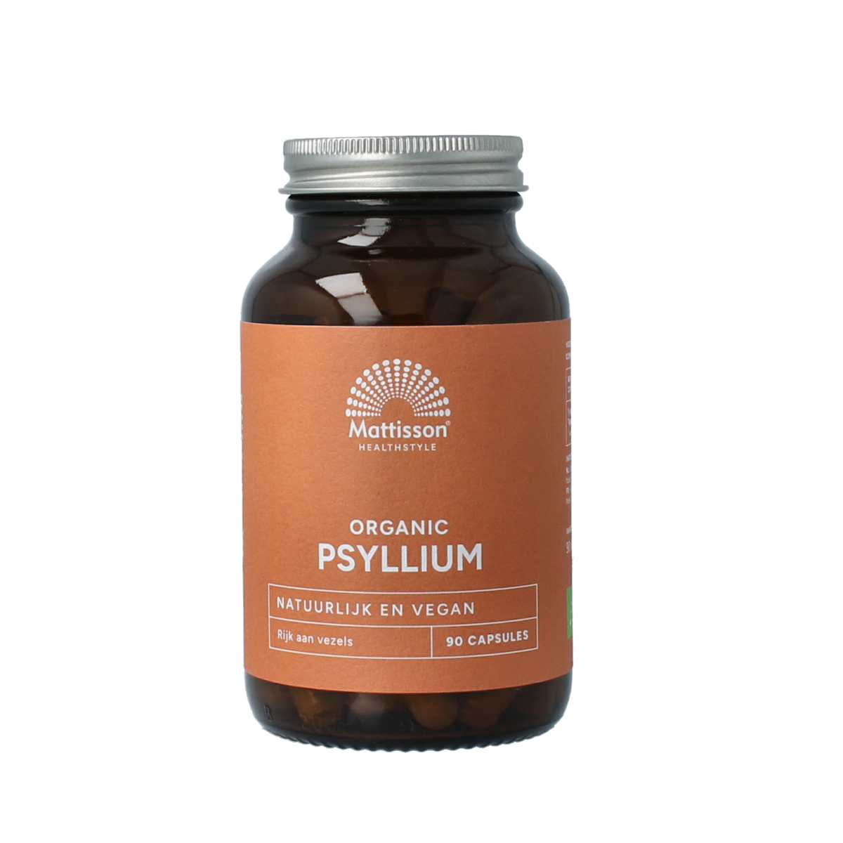Vegetarian capsules of Mattisson Psyllium Husk 750mg in a bottle, herbal supplement for digestive health.