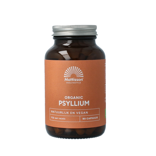Vegetarian capsules of Mattisson Psyllium Husk 750mg in a bottle, herbal supplement for digestive health.