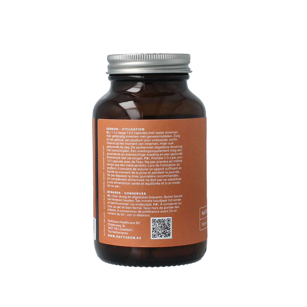 Vegetarian capsules of Mattisson Psyllium Husk 750mg, a herbal supplement in a clear blister pack, with packaging visible.
