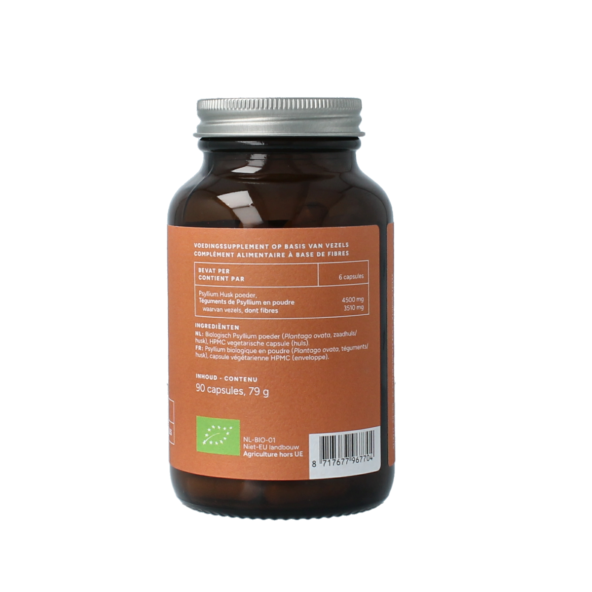 Vegetarian capsules of Mattisson Psyllium Husk 750mg bio, herbal supplement in a clear bottle with label showing product details.