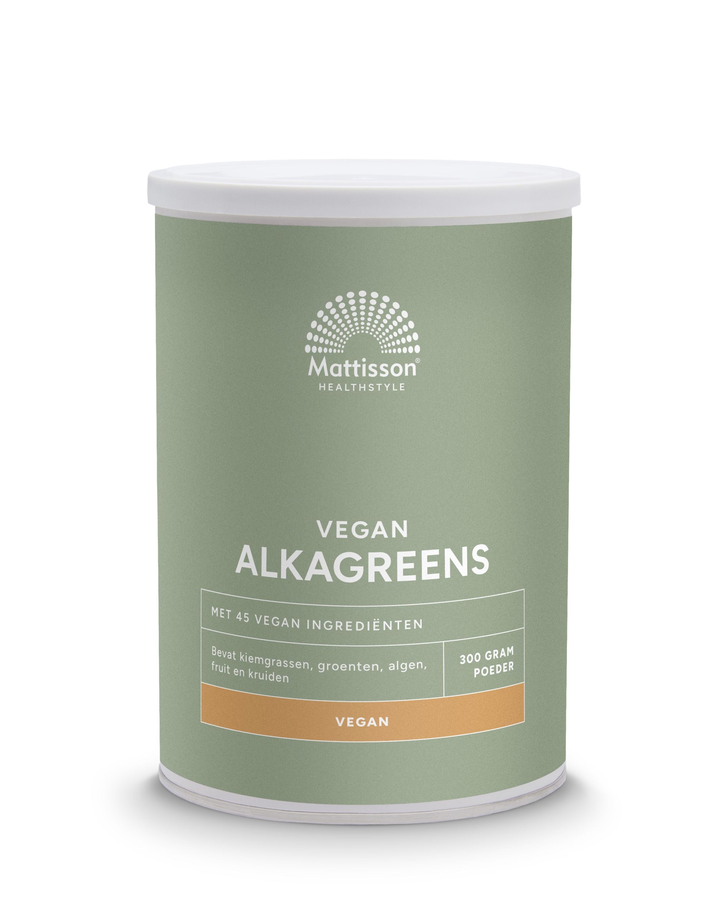 Mattisson Absolute AlkaGreens raw superfood powder in a 300g container, vibrant green powder with a scoop, on a white background.