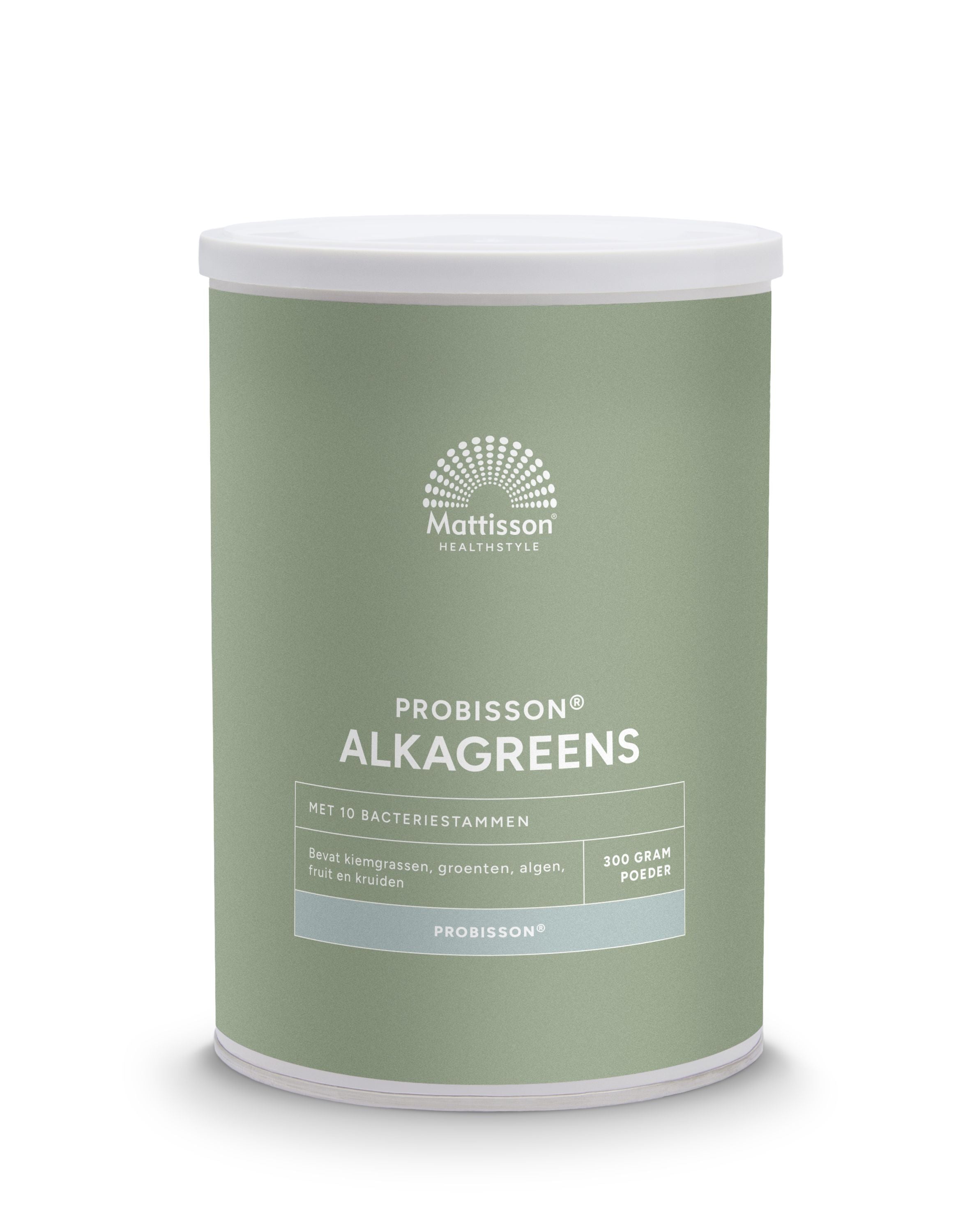 Mattisson Probisson Alkagreens powder in 300g container, raw superfood with vibrant green color and fresh leafy appearance.