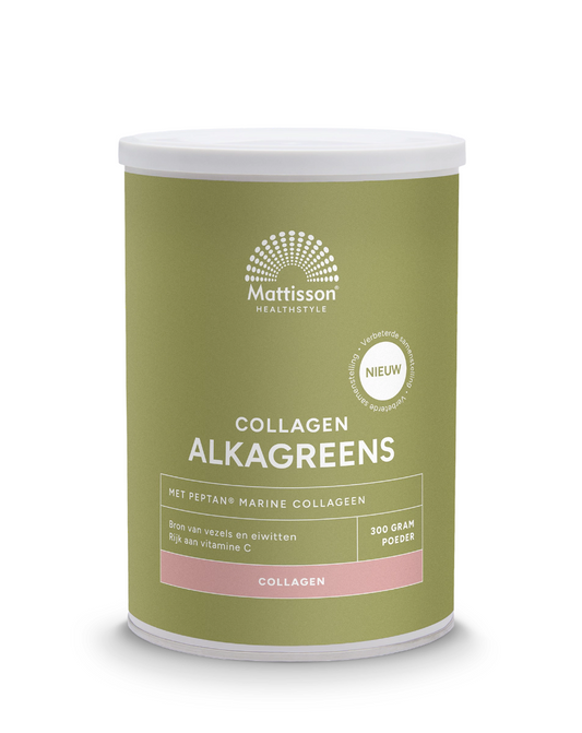 Mattisson AlkaGreens powder with marine collagen in a 300g container, featuring herbal supplement mix and natural ingredients.