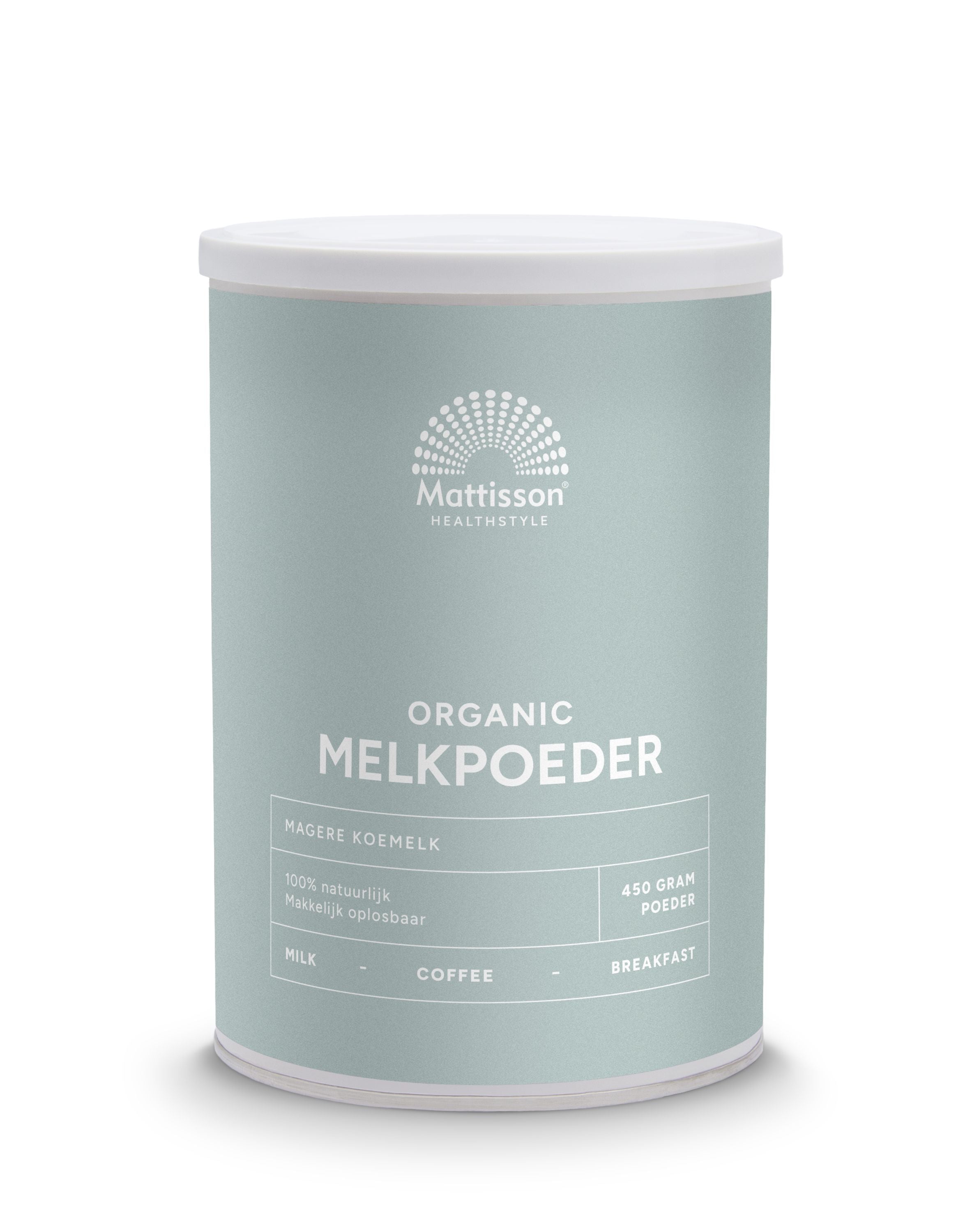 Organic Mattisson Magere melkpoeder in 450g package, a herbal supplement with dried milk powder visible in the image.