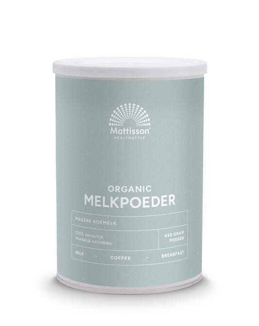 Organic Mattisson Magere melkpoeder in 450g package, a herbal supplement with dried milk powder visible in the image.