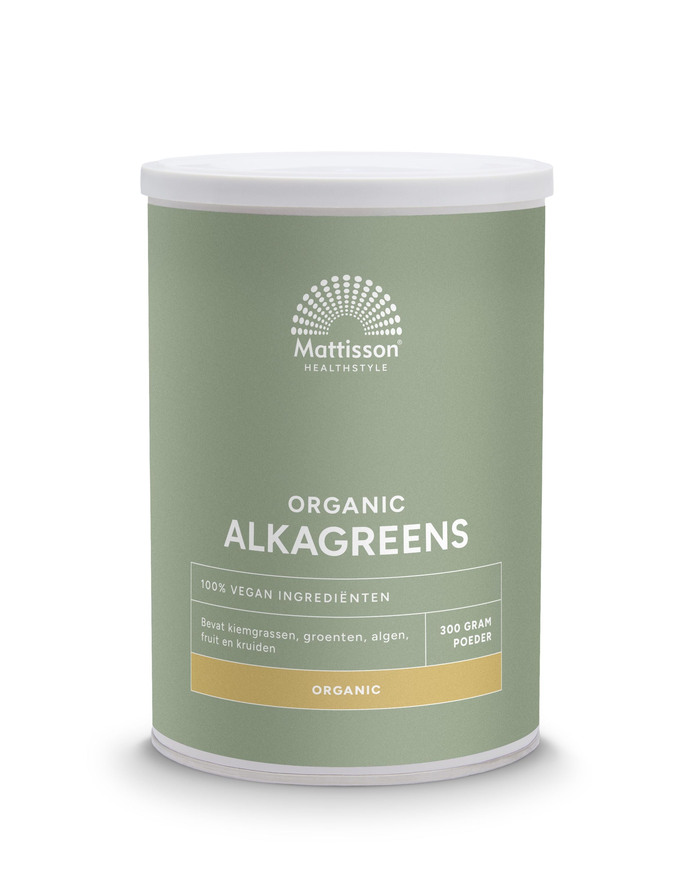 Organic Mattisson Alkagreens powder in a 300g package, raw superfood with vibrant green color and natural texture.
