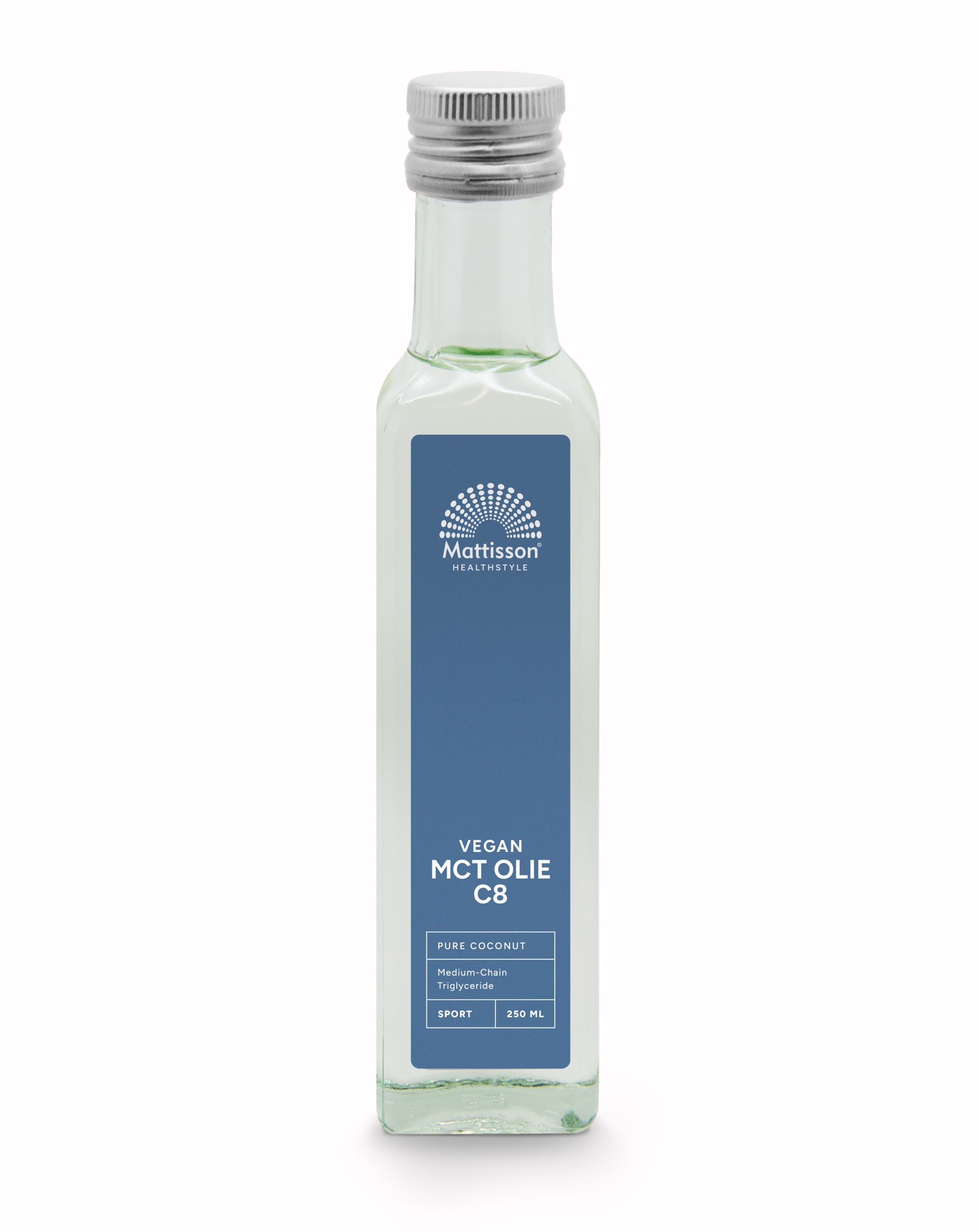 A 250ml bottle of Mattisson MCT oil C8, a pure coconut oil rich in 99% caprylic acid, on a white background.