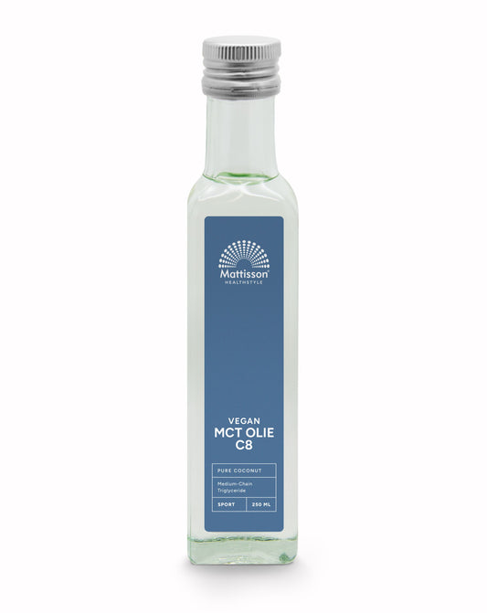 A 250ml bottle of Mattisson MCT oil C8, a pure coconut oil rich in 99% caprylic acid, on a white background.