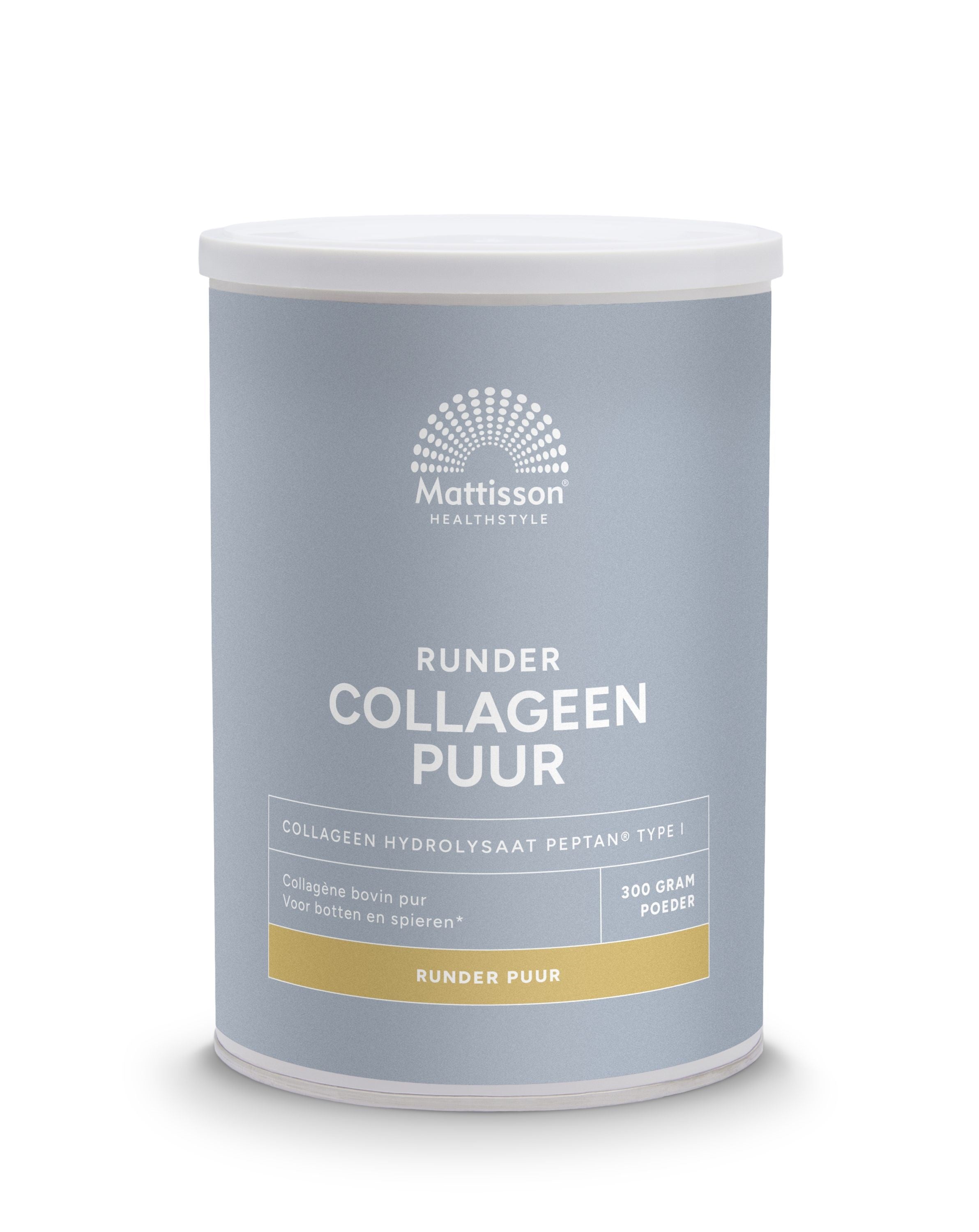 Mattisson Collagen Powder Peptan in 300g jar, showing the product container and label with collagen supplement details.