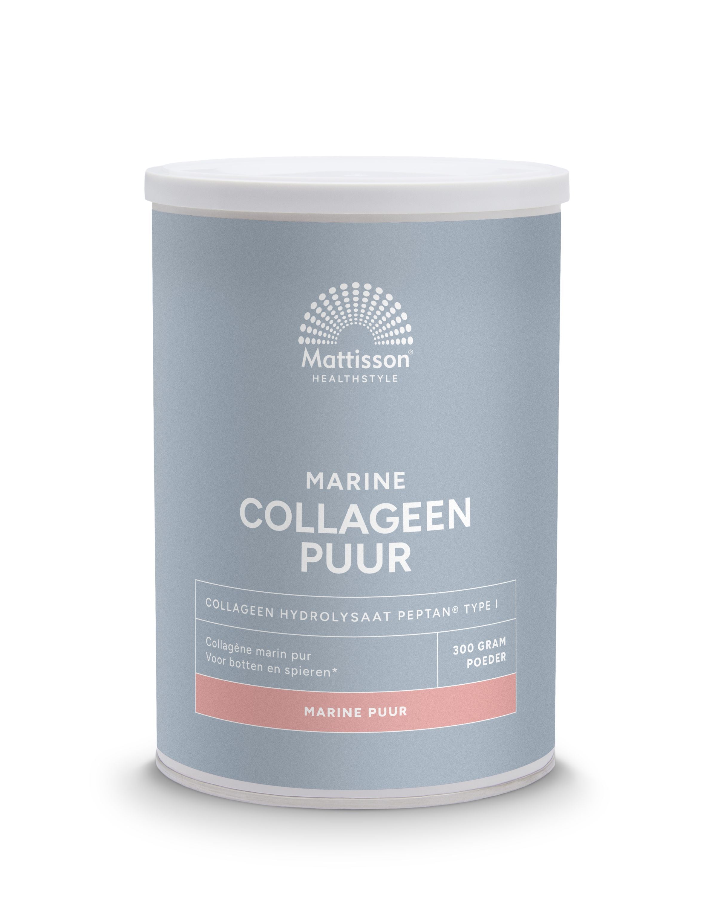 Mattisson Marine Vis Collagen Peptan powder in 300g container, showing the label and product packaging.